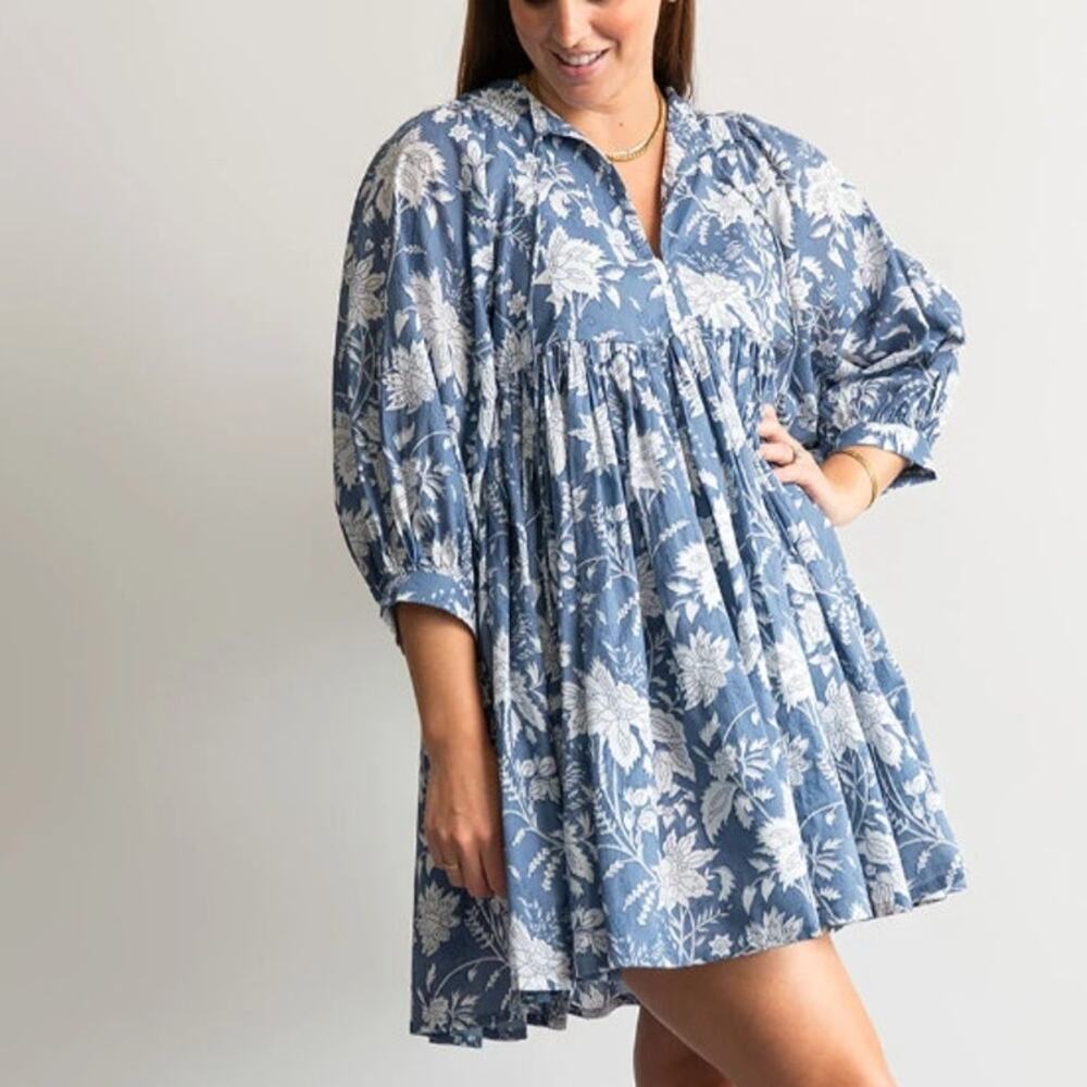 100% Cotton Floral Block Print Mini Dress Tiered Boho Size Large Clara the Label